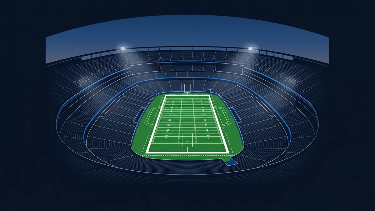 Stylised aerial view of an American football stadium at night, rendered as a geometric illustration in deep navy and blue, with a bright green field showing white yard lines and goal posts, surrounded by tiered seating and floodlights.
