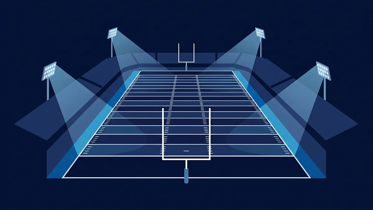 A stylised flat-design American football stadium viewed from behind one end zone at night, with yard lines, hash marks, and goalposts at both ends rendered in white on a navy field, four floodlight towers casting geometric light beams, all in a blue and navy palette.