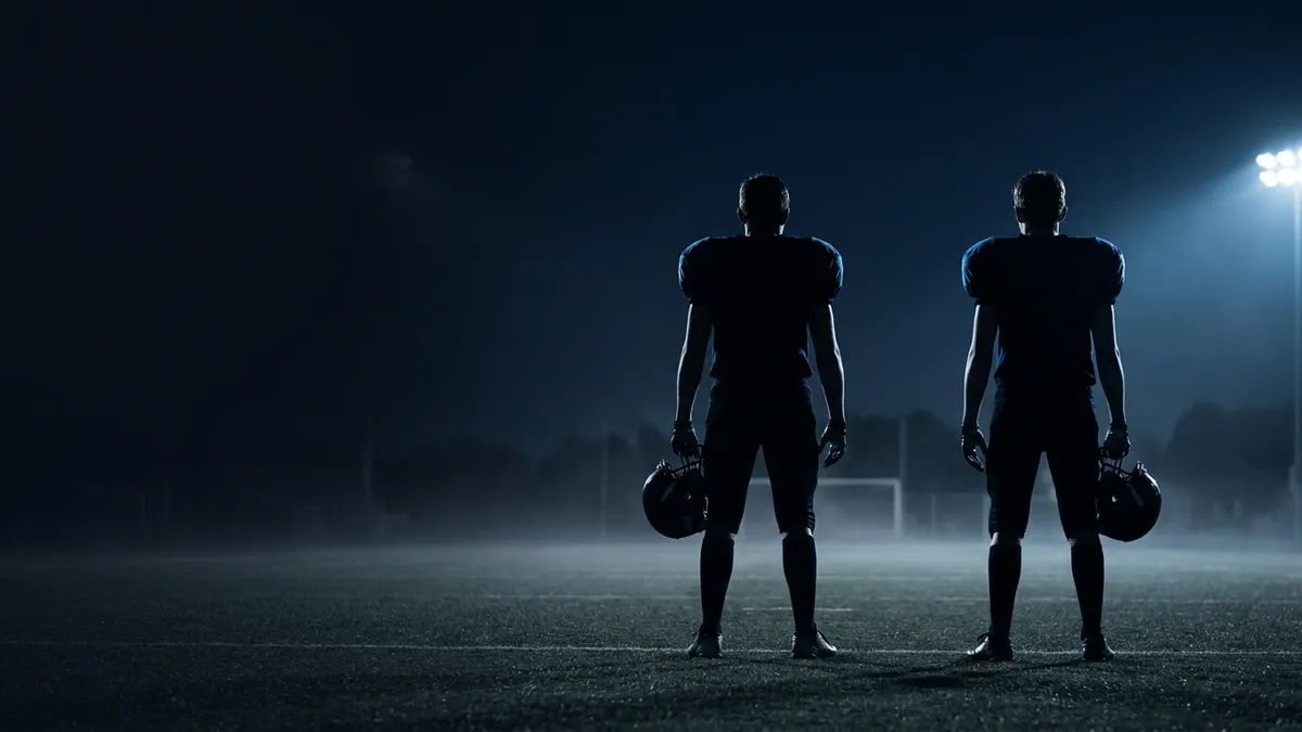 Two American football players in dark silhouette stand several metres apart on a misted, floodlit field, seen from behind with a helmet held low at each player's side. A bank of stadium lights burns white at the upper right, goalposts show faintly through the mist behind them, and the left half of the frame is empty near-black.