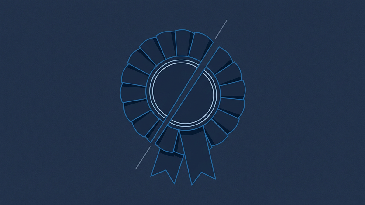 A single party rosette shape rendered as flat geometry, drifting slightly off-centre with a thin diagonal fracture running through it, surrounded by deep negative space.
