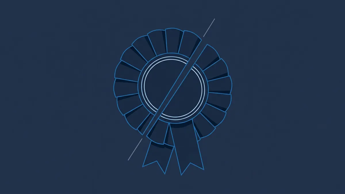 A blue award rosette with pleated ribbon petals and two hanging tails, centred on a dark navy background, with a thin diagonal grey line crossing through it.