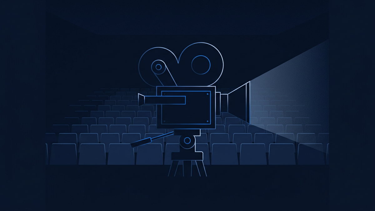 A large-format film camera silhouette centred against an empty cinema auditorium, a single beam of projector light cutting through the dark