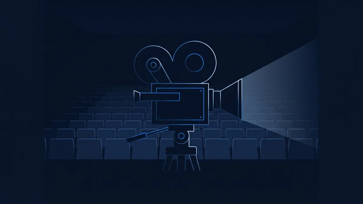 A vintage film projector outline in glowing blue lines stands in the centre of an empty cinema auditorium, with rows of dark blue seats on either side and a bright triangular beam of light projecting toward a screen on the right.