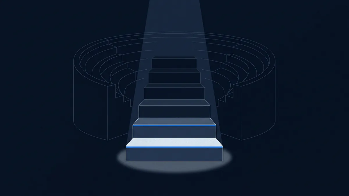 A stylised isometric staircase of five ascending dark blue steps lit by a white spotlight from above, with a circular amphitheatre outline sketched in the navy background.