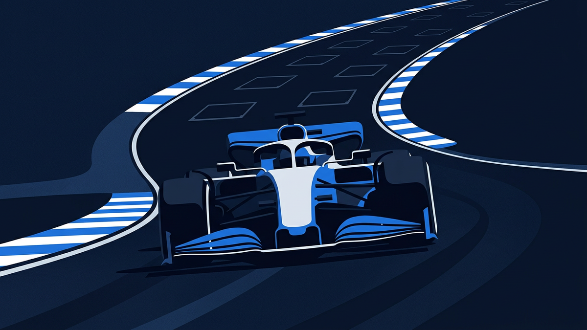 A single Formula One car silhouette threading through the abstracted geometry of Spa's Eau Rouge sweep, empty grid slots receding behind it.