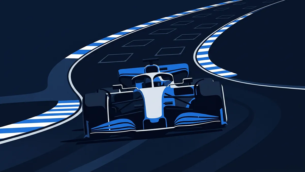 A stylised vector illustration of a blue and white Formula One car racing toward the viewer on a curving circuit with blue and white striped kerbs, set against a deep navy background.