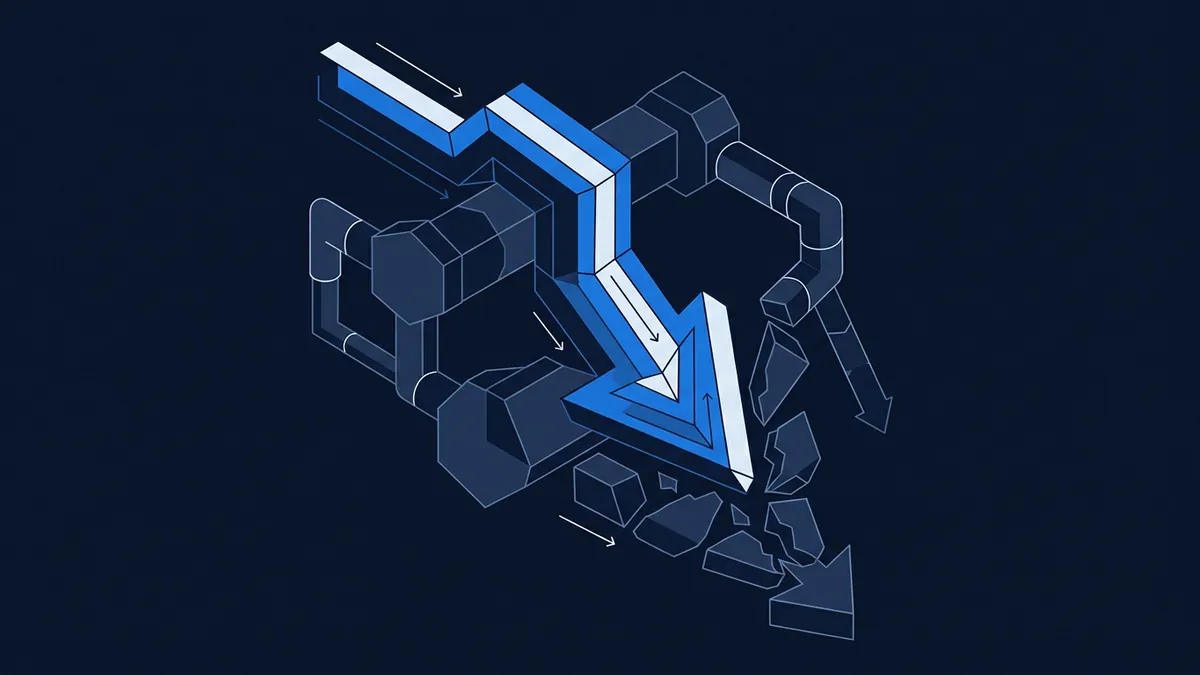 Isometric 3D graphic of a bold blue and white downward arrow breaking through a geometric framework of dark navy pipes and block shapes, with smaller arrows scattered around, on a deep navy background.