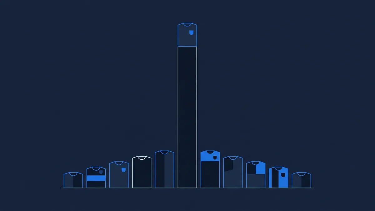 A bar chart made of stylised football shirt silhouettes in navy and blue, with one tall central shirt towering over ten shorter shirts arranged along a baseline.