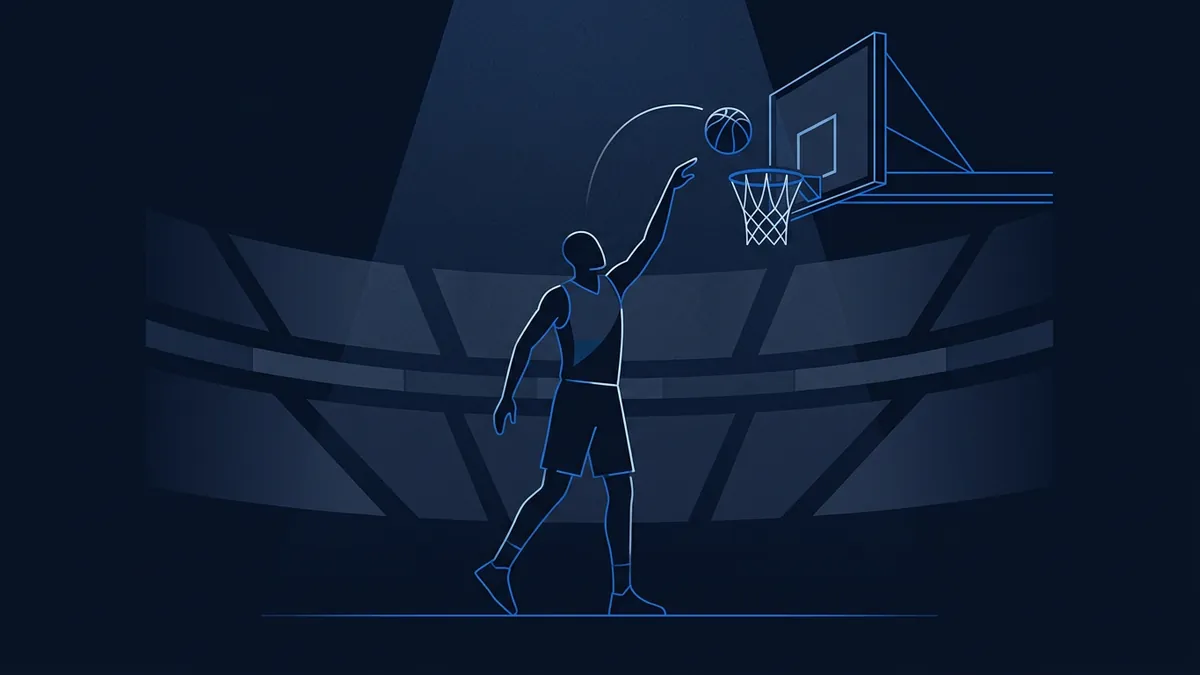 A stylised neon-outline basketball player reaches up to release a ball toward a hoop and backboard, lit by a spotlight against a dark navy arena backdrop.