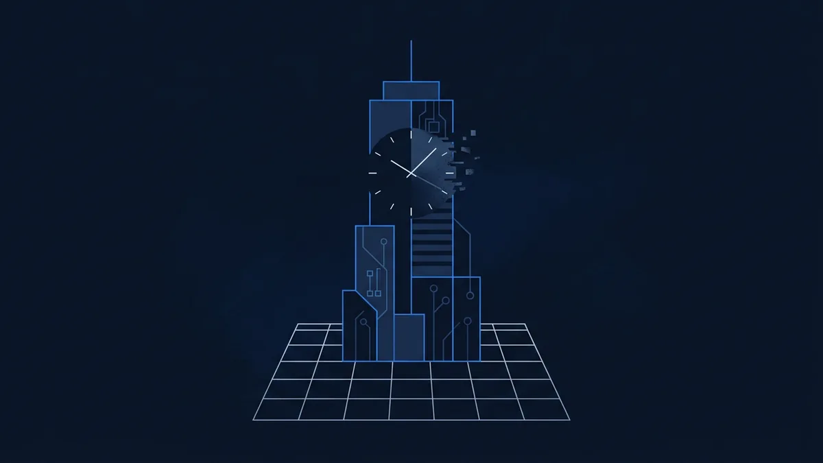 A single tall corporate tower silhouette rising from a calendar grid, with a clock face fading into the upper portion of the structure
