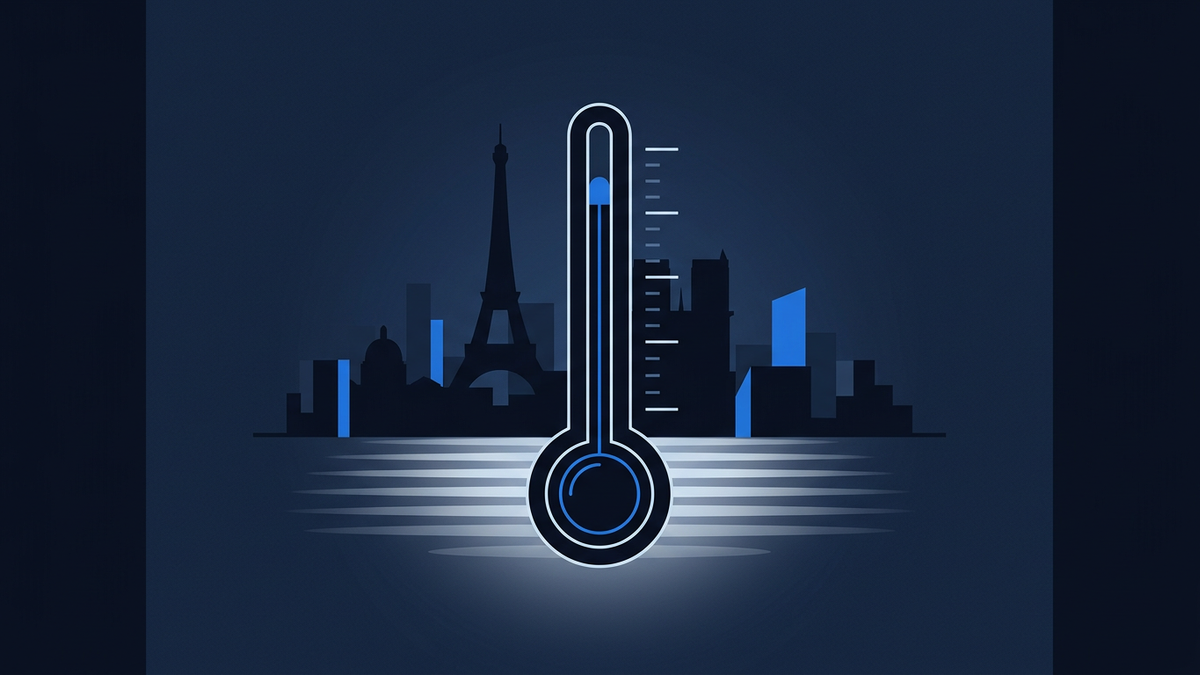 A stylised thermometer rising sharply against the abstracted skyline of Paris, the mercury climbing past a marked threshold