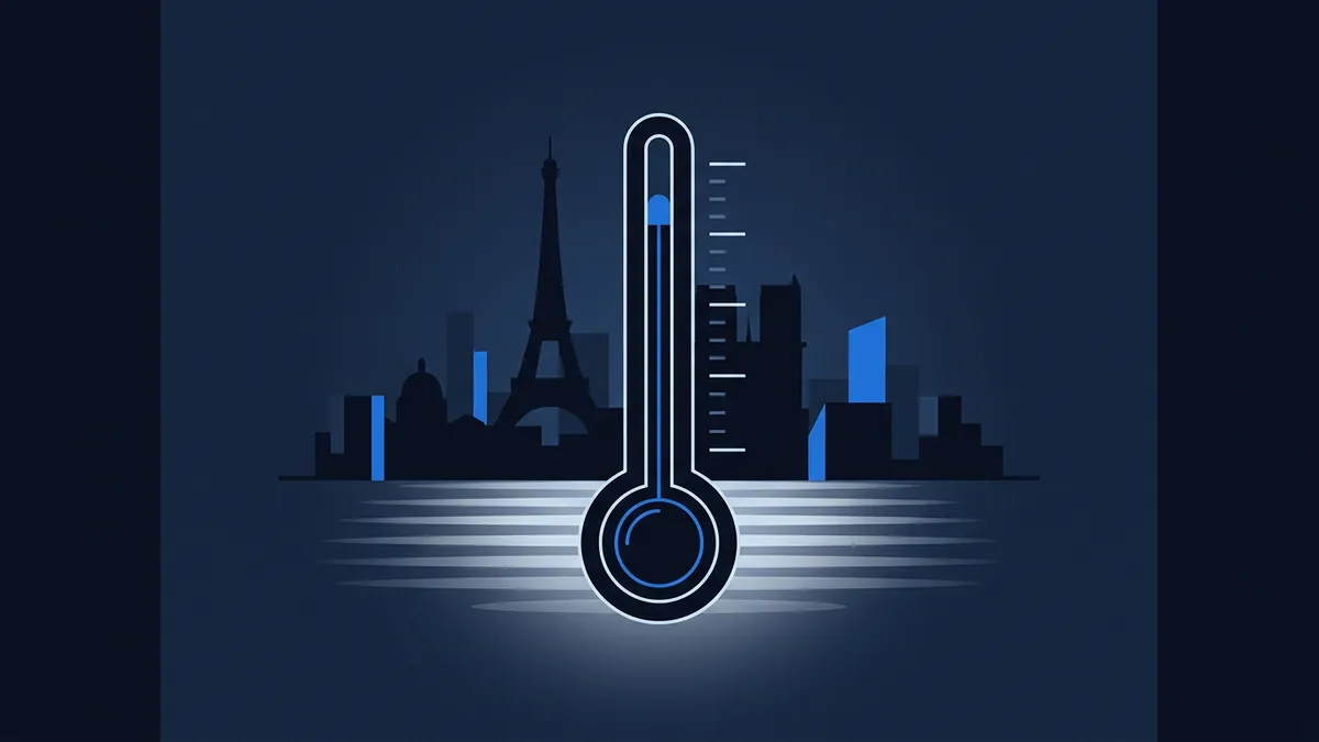 A stylised blue thermometer with a glowing bulb sits in front of a dark silhouetted Paris skyline featuring the Eiffel Tower, set against a deep navy background with horizontal light streaks.