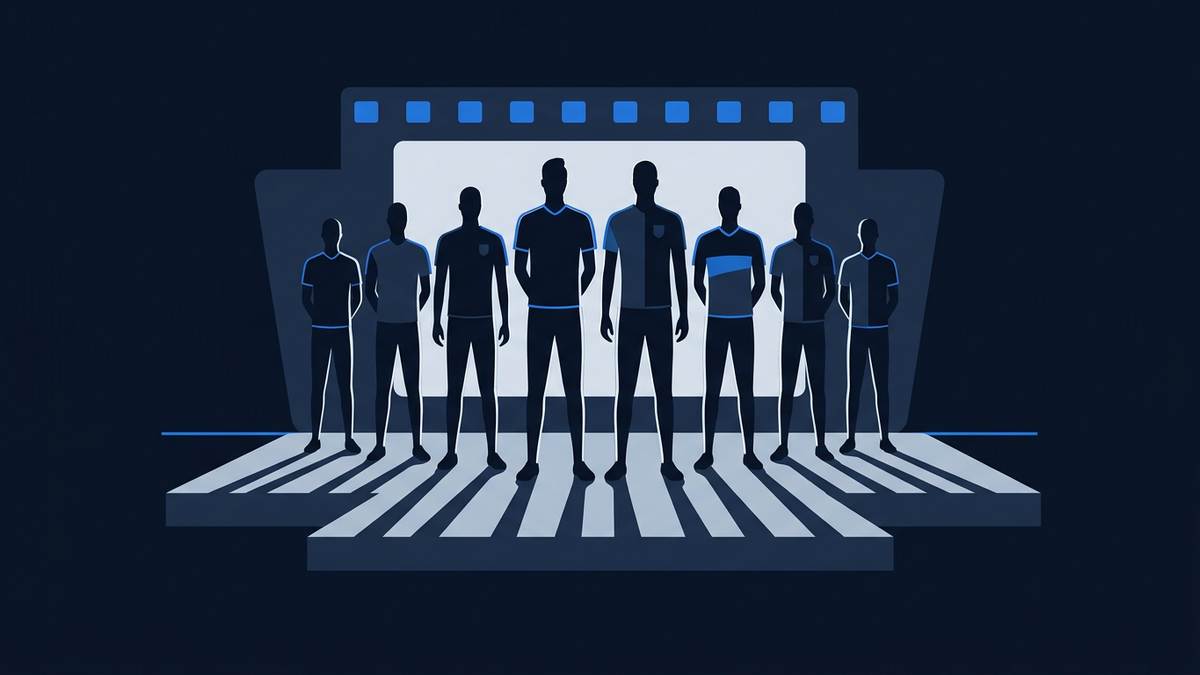 A row of eight tall slender silhouettes lit from one side, casting parallel shadows across an empty navy stage, the central two figures slightly taller than the rest