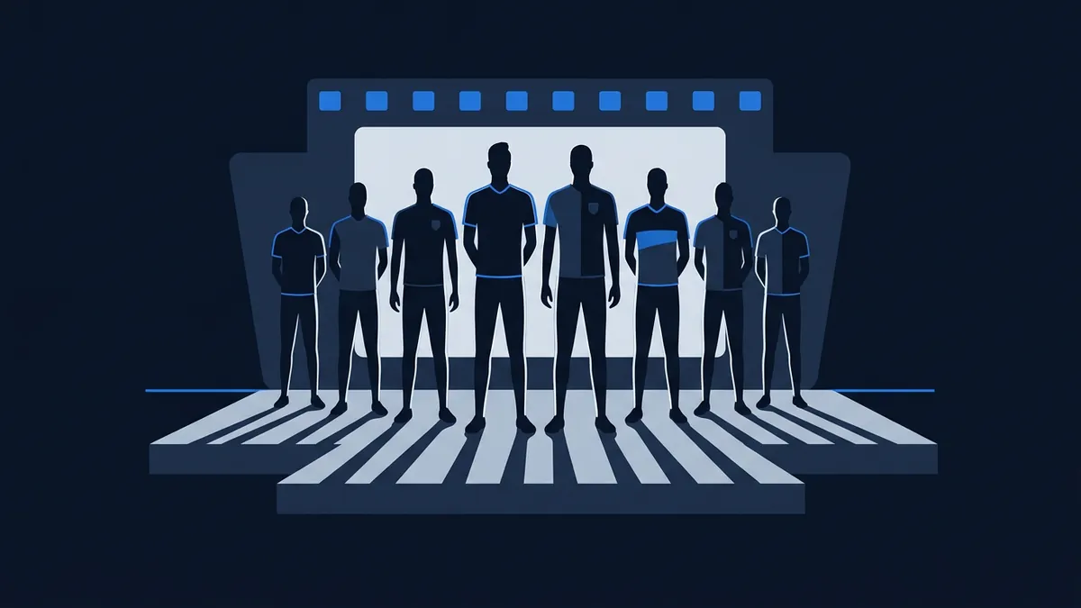 Seven stylised silhouettes in sports jerseys stand on a striped stage in front of a film-strip screen, casting long parallel shadows, rendered in a navy and blue palette.