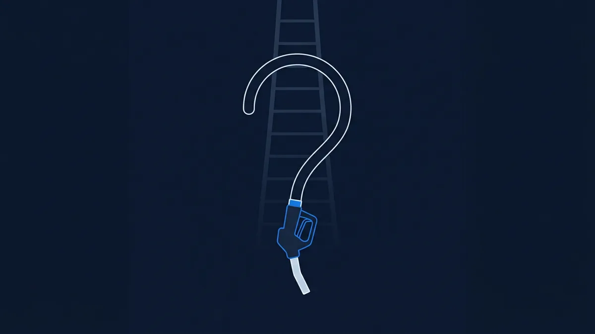 A fuel pump nozzle suspended mid-air against deep navy negative space, with a faint price ladder rising behind it