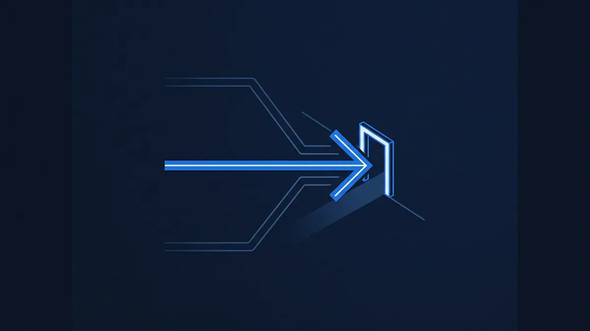 A glowing blue neon arrow pointing right toward a three-dimensional rectangular gate, surrounded by faint circuit-board style lines on a dark navy background.