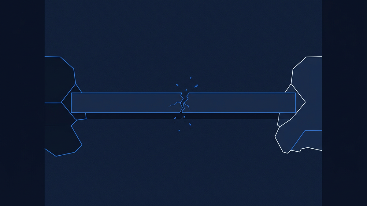 A frayed diplomatic ribbon stretched taut between two distant anchors, with a hairline fracture forming in the centre.