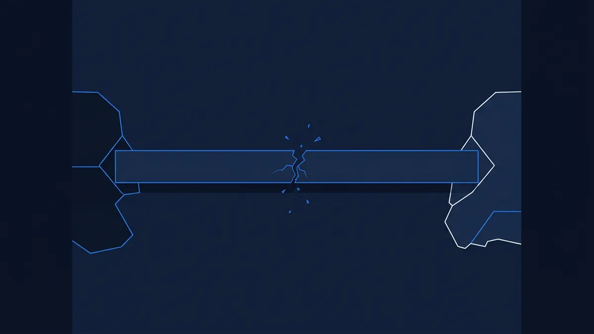 A dark navy blue abstract graphic showing a horizontal rectangular bar with blue glowing edges and a lightning-bolt crack fracturing its centre, flanked by geometric angular shapes on each side.