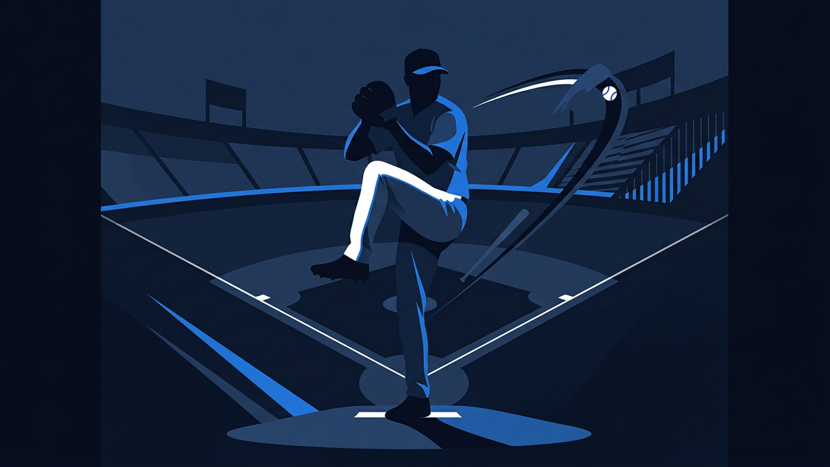 A lone pitcher mid wind-up on an abstracted mound, the diamond geometry stretching outward in deep navy negative space