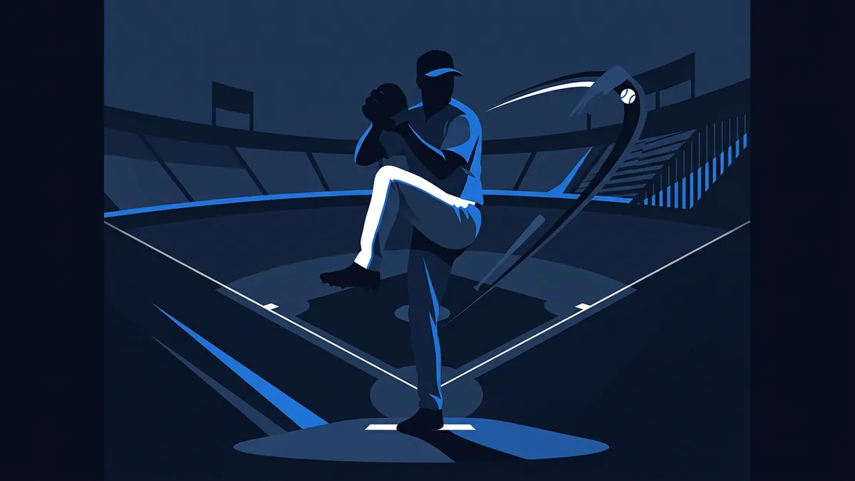 A stylised silhouette of a baseball pitcher in a high-leg wind-up stance on the pitching mound, set inside a geometric diamond field rendered in deep navy and electric blue tones, with a stadium outline in the background and a ball shown mid-release.