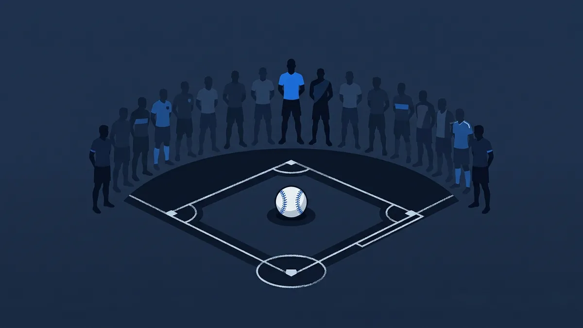 A glowing baseball sits at the center of a stylised baseball diamond, surrounded by roughly twenty silhouetted figures in blue athletic wear arranged in a wide arc on a dark navy background.