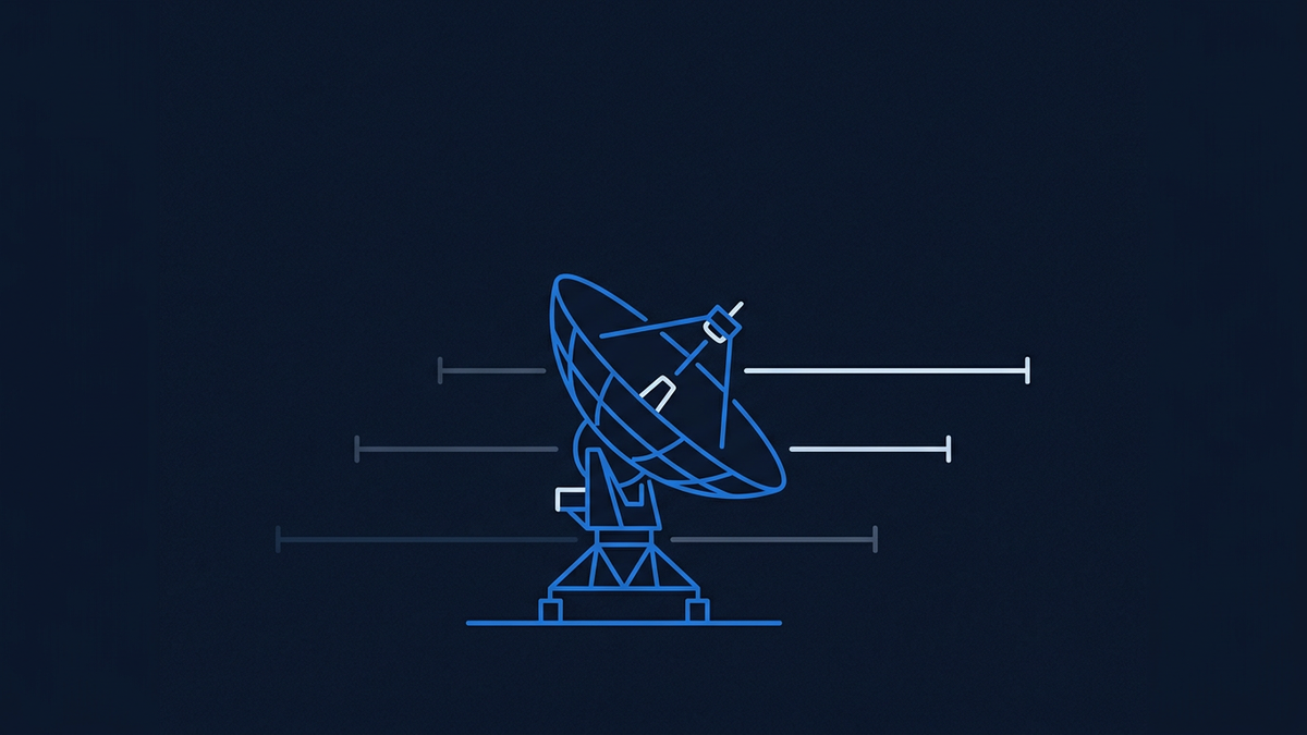 A radio telescope dish tilted toward an empty dark sky, with three faint horizontal markers receding behind it and two further ones remaining ahead.