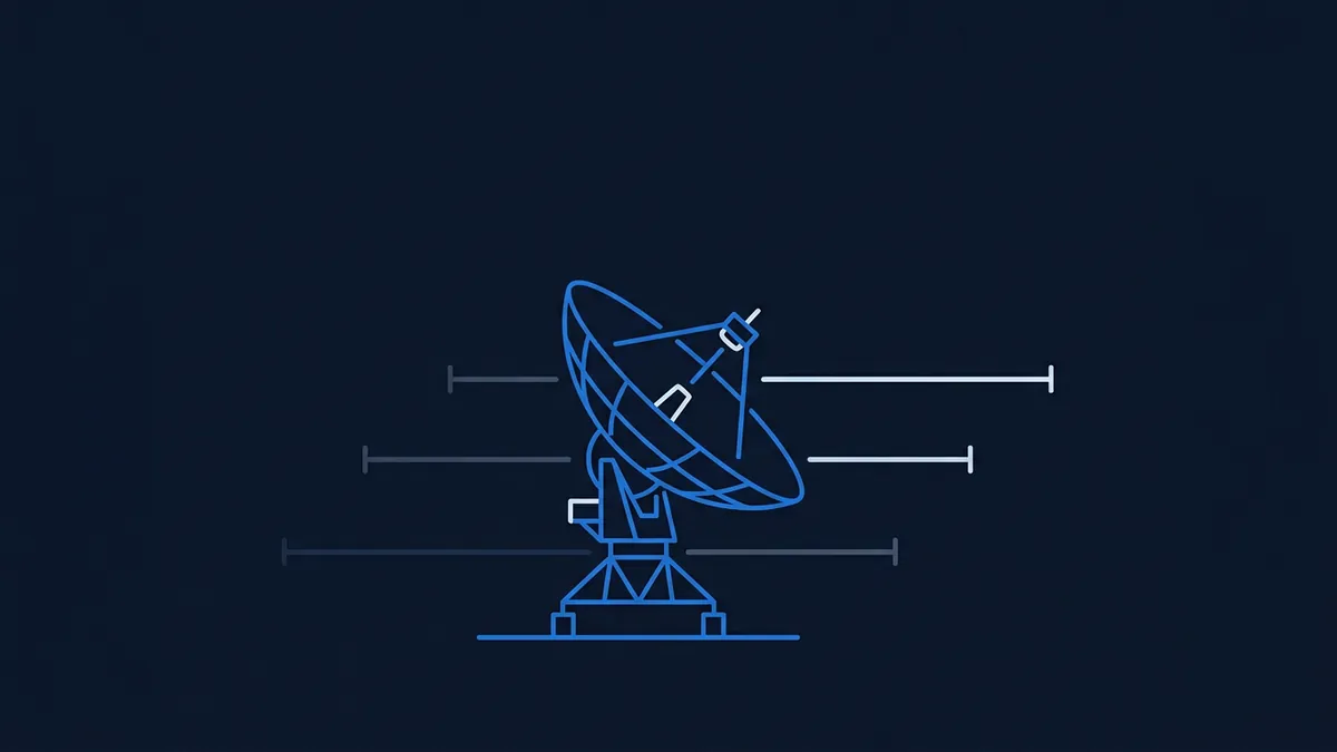 A line-art satellite dish antenna on a support structure, rendered in blue on a dark navy background, with three pairs of horizontal measurement markers flanking it on both sides.