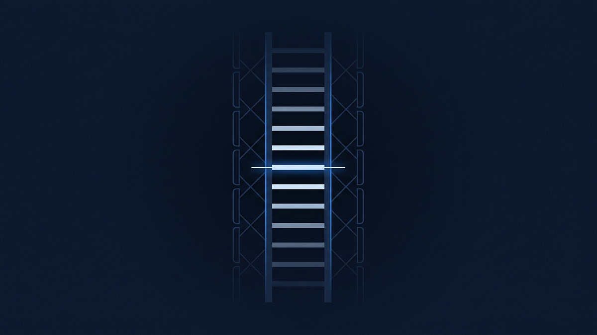 An abstract vertical ladder of horizontal price rungs stacked above and below a central marker, suggesting a Bitcoin weekly price range market.