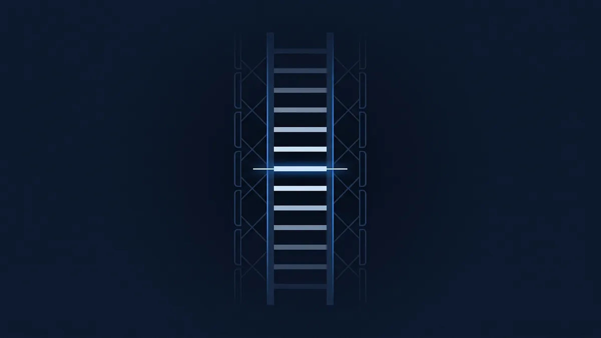 A vertical ladder with silver rungs glows with a bright blue horizontal light at its centre, set against a dark navy background with a faint geometric scaffold structure behind it.