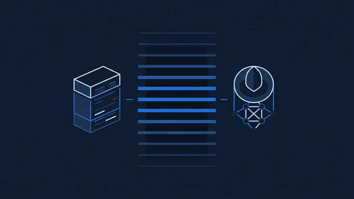 A dark navy tech illustration showing a server stack icon on the left connected by dashed lines to a central column of horizontal blue bars, with a circular network node icon on the right.