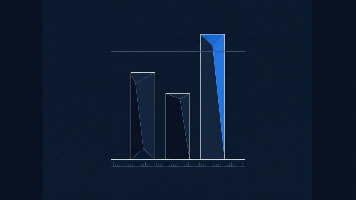 Three abstract vertical bar forms on a navy field, the tallest highlighted in blue and rising just past a thin horizontal threshold line that crosses all three, with a fine measuring scale along the base