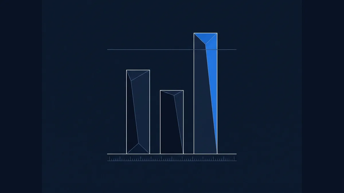 A stylised bar chart on a dark navy background shows three geometric bars with faceted tops, the tallest on the right highlighted in bright blue and extending above a thin horizontal reference line, with a tick-marked baseline scale below.