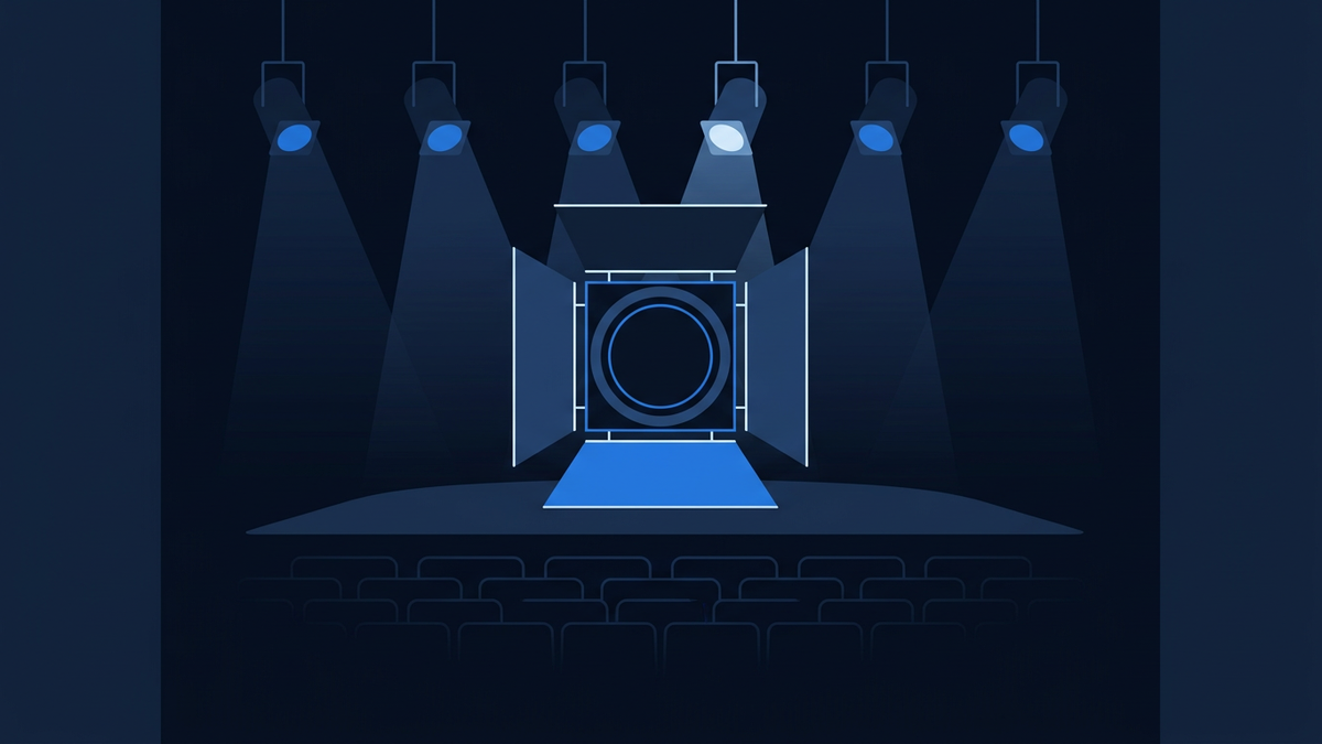 Concept illustration of six blank spotlights on an empty theatre stage, one glowing slightly brighter than the others, viewed from the stalls