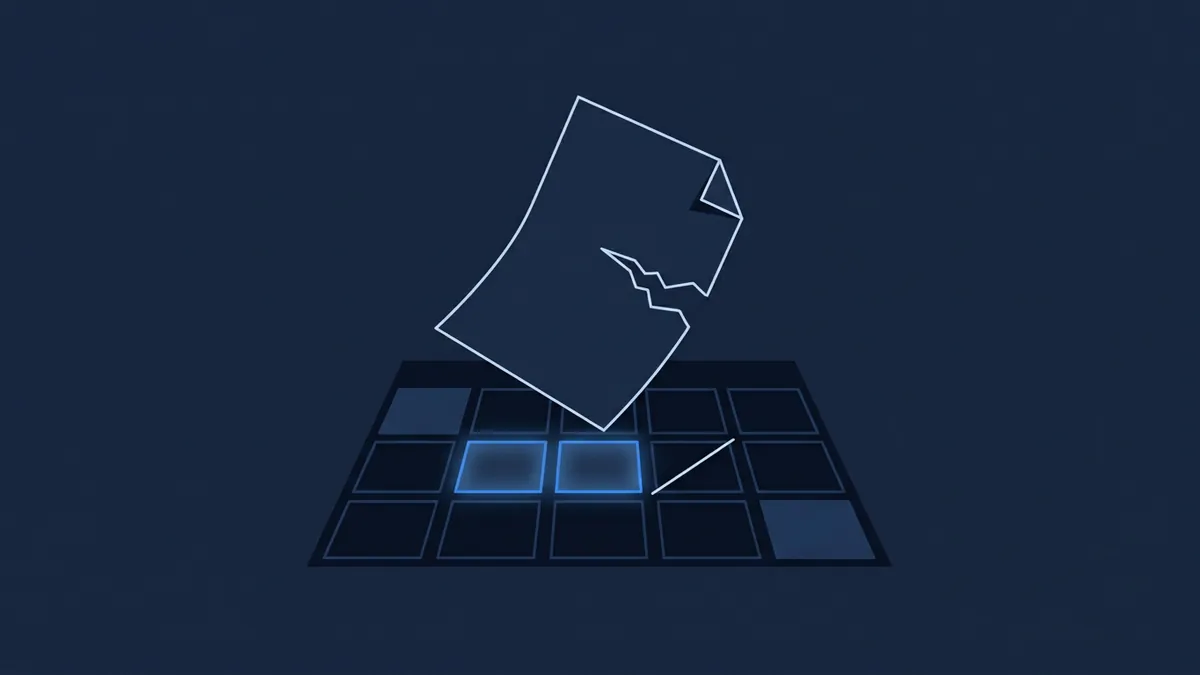 A stylised dark-navy document icon with a folded corner and a jagged tear floats above a perspective grid of square tiles, two of which glow blue, on a deep navy background.