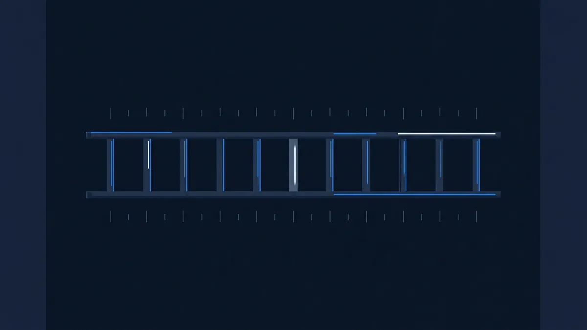 A horizontal ladder graphic with blue and white glowing rungs sits centrally on a deep navy background, flanked by rows of small tick marks above and below, evoking a data timeline or progress bar.