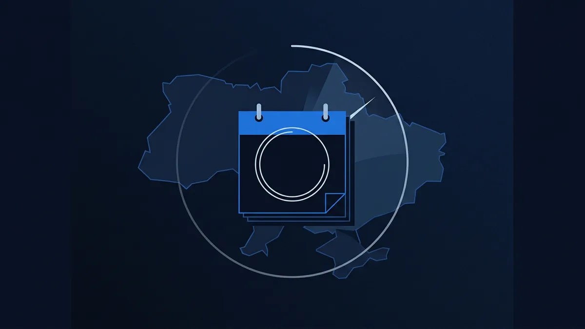 A blue calendar icon with two ring binders and a circular loading or clock motif on its face, centred over a dark navy silhouette map outline and a translucent circular arc, all on a deep navy background.