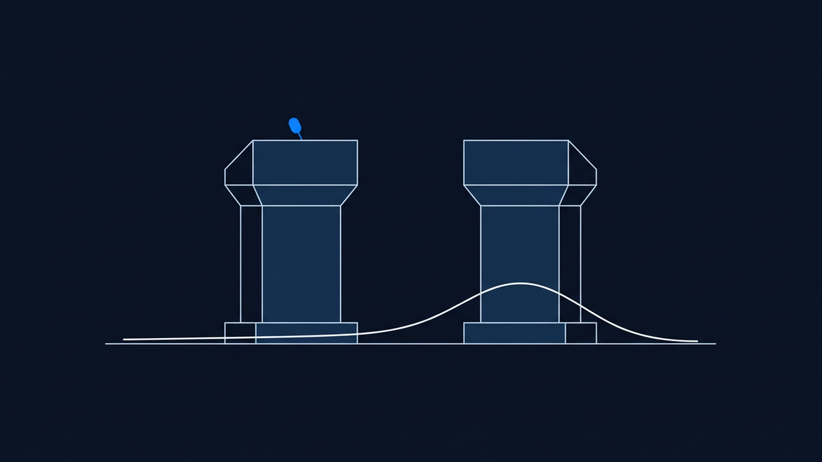 Two abstract geometric podium forms on a navy field, the left one carrying a small blue marker and the right one empty, with a thin probability curve running low along the base and rising into a shallow crest beneath the empty podium