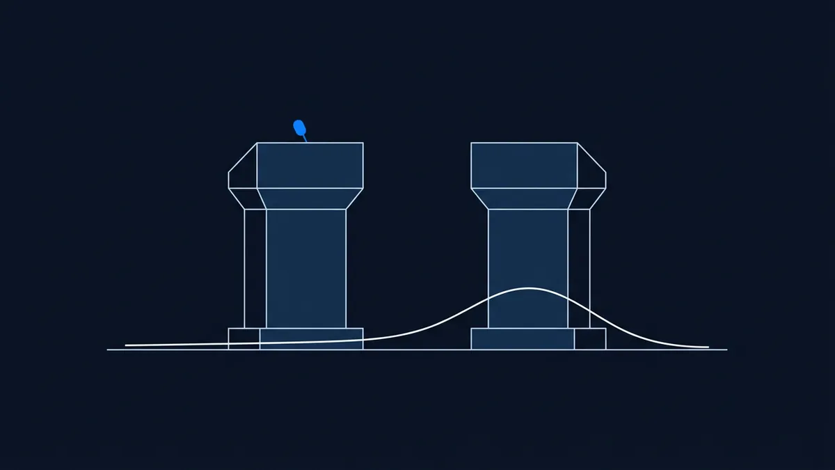 Two minimalist geometric debate podiums outlined in white on a dark navy background, the left podium topped with a small blue microphone icon, connected by a smooth bell-curve line along the base.