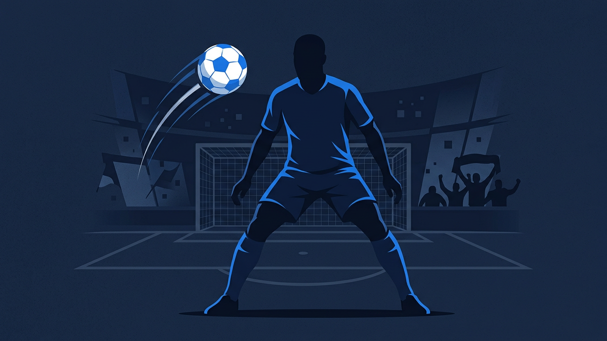 A flat editorial illustration of a centre-back's silhouette planted at the edge of a penalty area, an abstracted football arcing toward him against deep navy space.