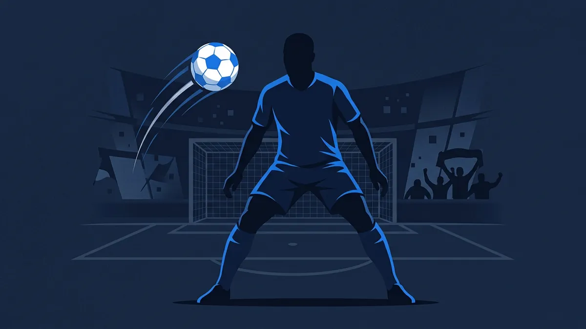 A stylised flat illustration of a soccer player in a blue kit standing in front of a goal, with a blue and white football flying past, set in a dark navy stadium with silhouetted crowd figures in the background.