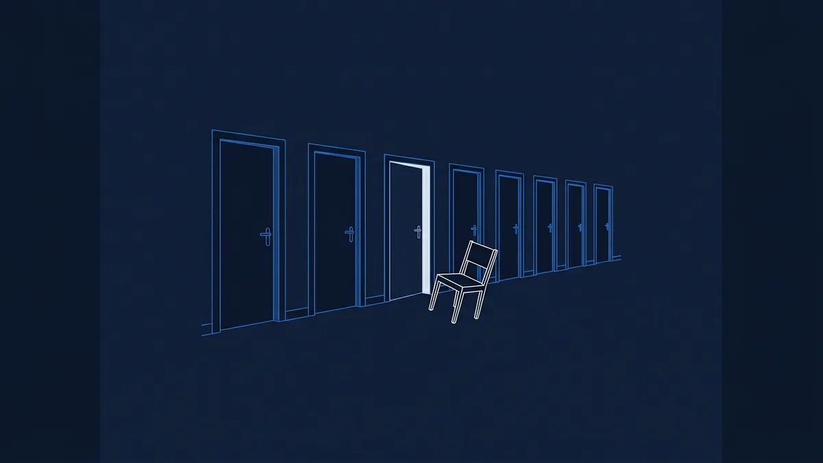 A minimalist line-art corridor in deep navy blue shows a row of closed doors with one open door glowing white, and a single empty chair placed in front of it.