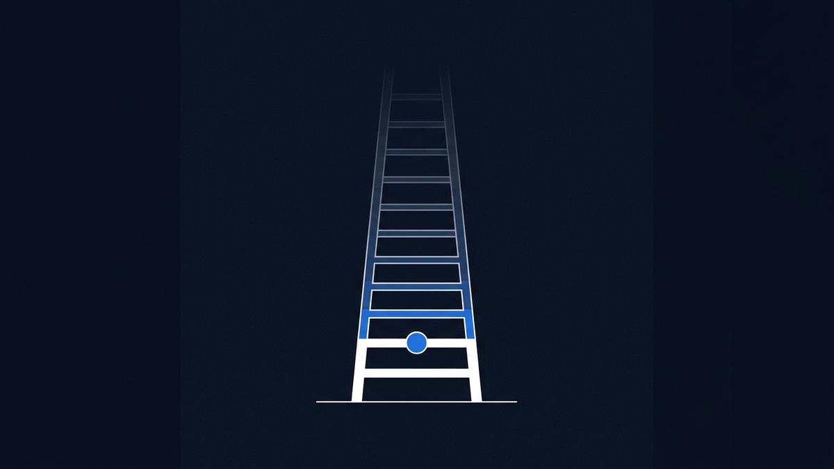 A horizontal ladder of price strikes, the lower and middle rungs marked as already reached and the top rungs faint and unreached, over deep negative space.