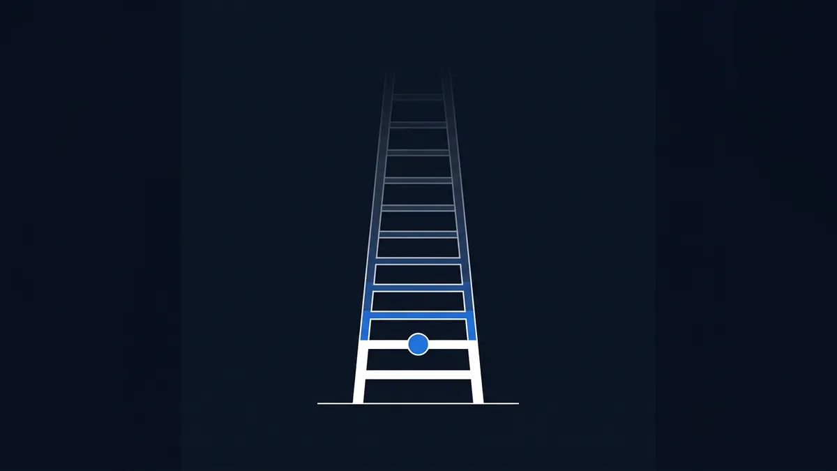 A tall ladder rendered in white and blue line art rises from a dark navy background, with a small blue circle dot marking one of the middle rungs, and upper rungs fading to grey.