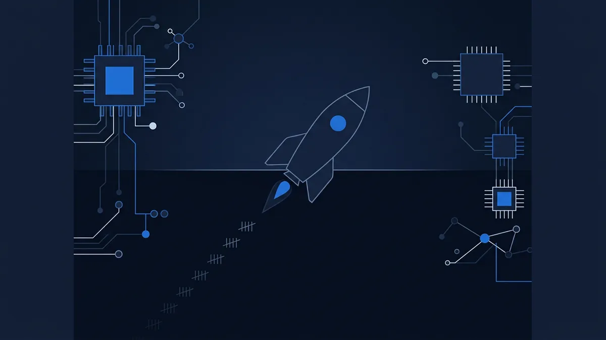 A stylised rocket silhouette launches upward through a dark navy background, surrounded by circuit board chip diagrams, glowing blue node networks, and fading tally mark trails, all rendered in a flat geometric tech illustration style.