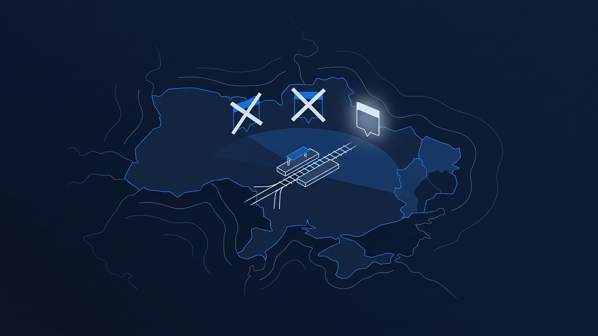A flat editorial illustration of a railway station icon on a stylised conflict map, two crossed-out date markers behind it and one still glowing faintly in the foreground.