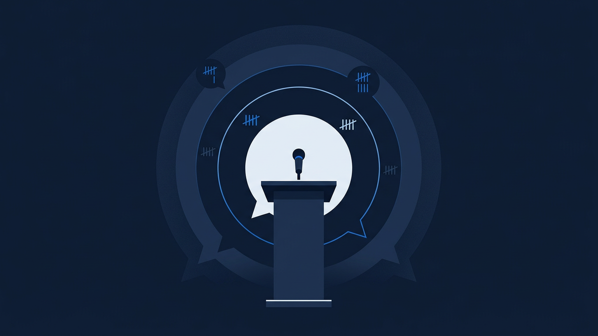 A microphone standing on an empty lectern with abstract speech-bubble geometry radiating outward, several bubbles carrying faint tally marks