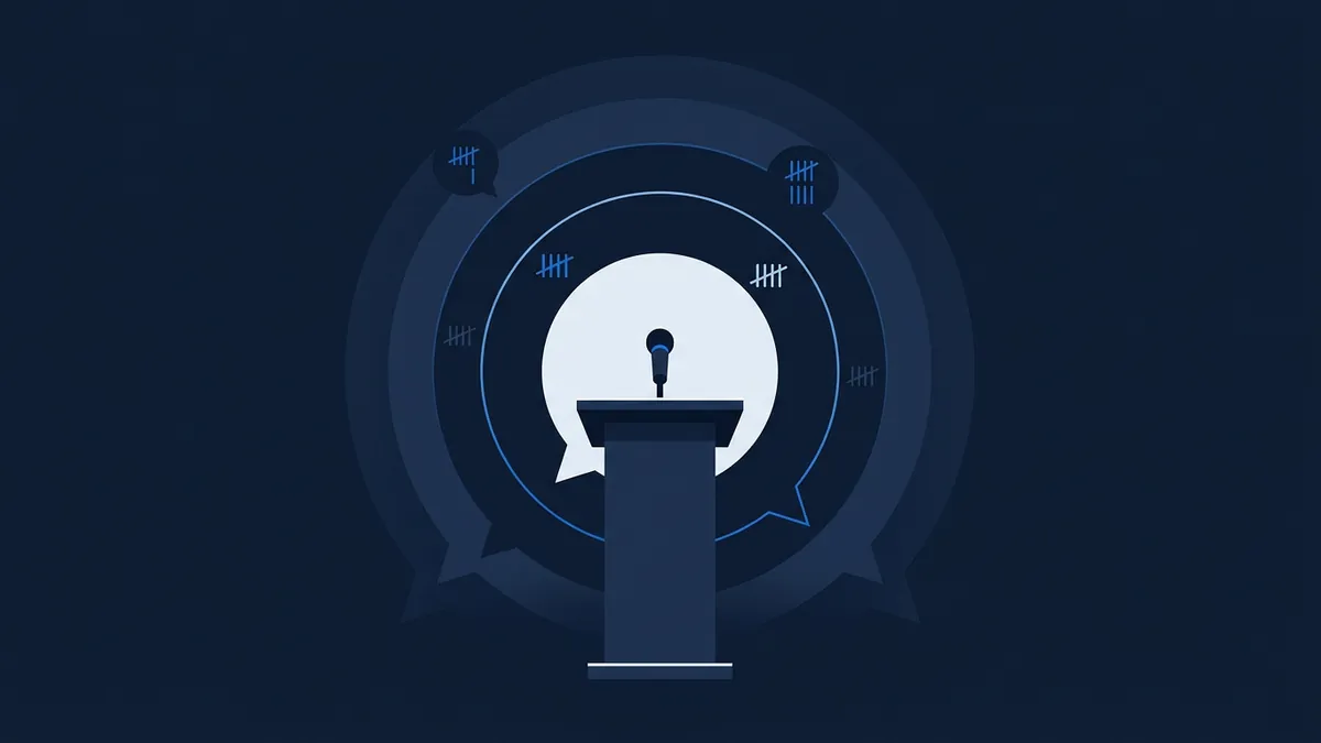 A stylised podium with a microphone sits centred against a dark navy background, surrounded by concentric circular rings and speech bubble shapes carrying tally mark symbols in blue tones.