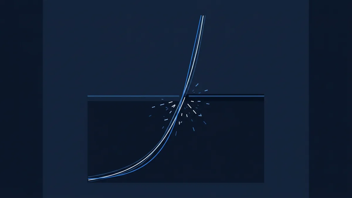 A steep exponential curve in white and blue rises sharply through a horizontal threshold line on a dark navy background, with small dashed lines radiating outward at the intersection point.