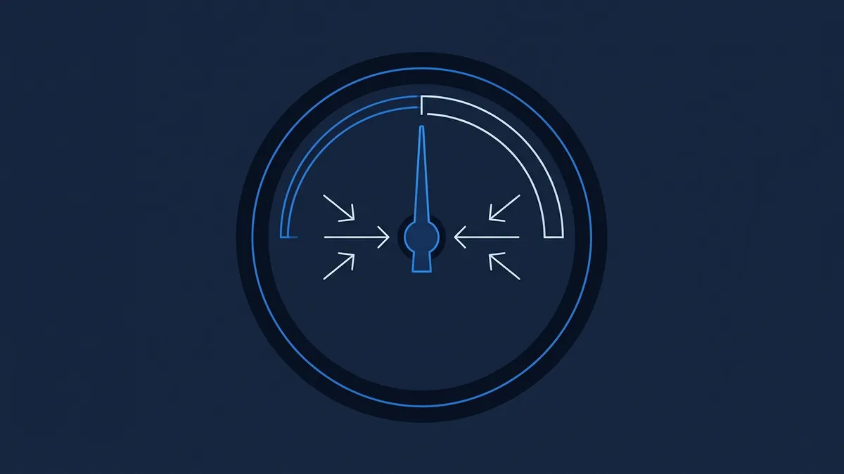 A stylised gauge or speedometer icon centred on a dark navy background, with a blue needle pointing upward, arc scale lines, and white arrows converging toward the pivot point.