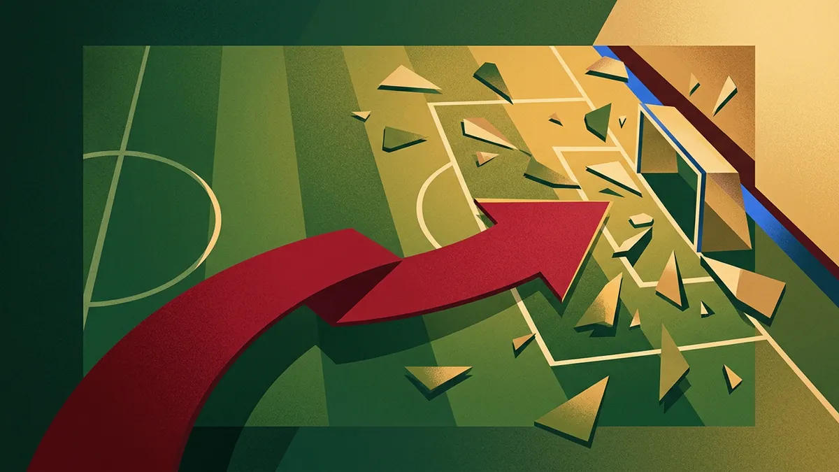 A stylised aerial view of a green football pitch where a bold red arrow curves upward and breaks through a golden-toned screen or barrier, sending geometric shards scattering across the turf in a green and gold palette.